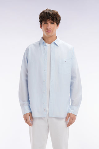 Straight-fit sky blue striped seersucker cotton shirt