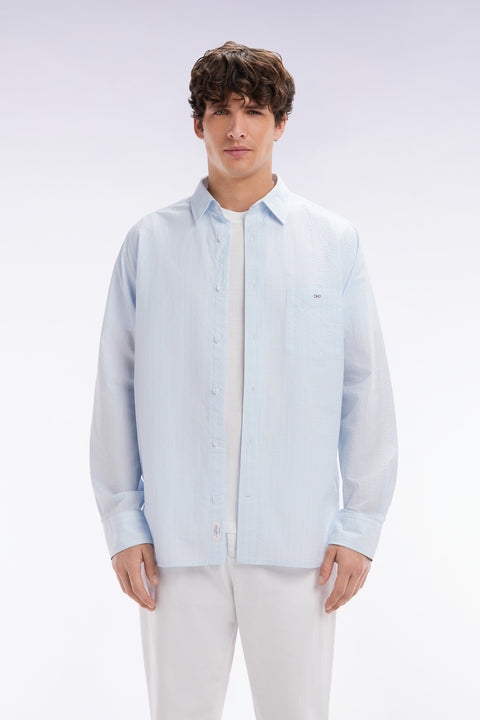 Straight-fit sky blue striped seersucker cotton shirt - Image 1