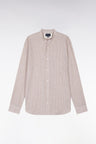 Slim-fit beige striped cotton and linen shirt with Mandarin collar