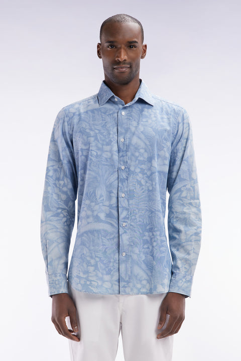 Slim-fit grey chambray printed shirt - Image 1