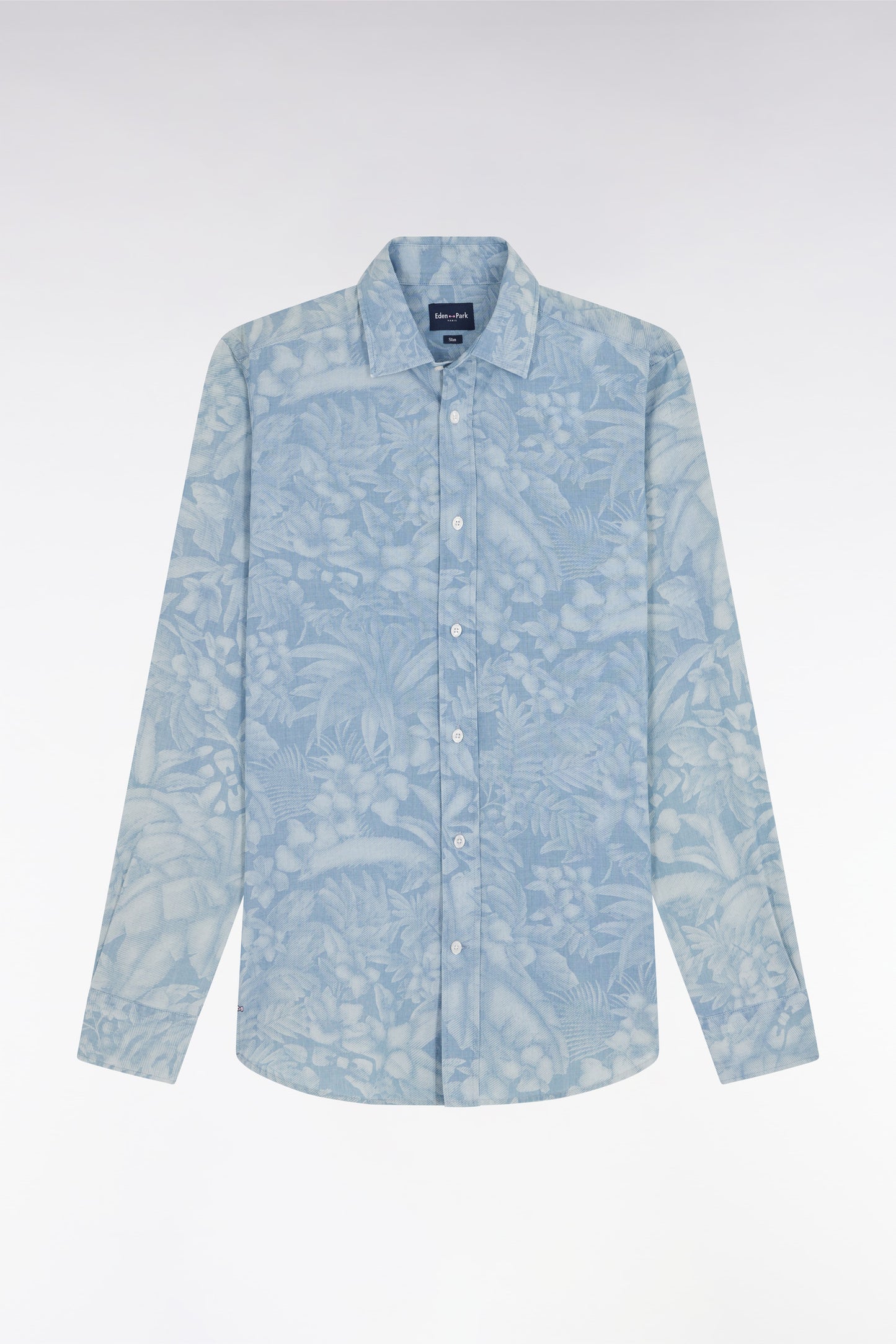 Slim-fit grey chambray printed shirt