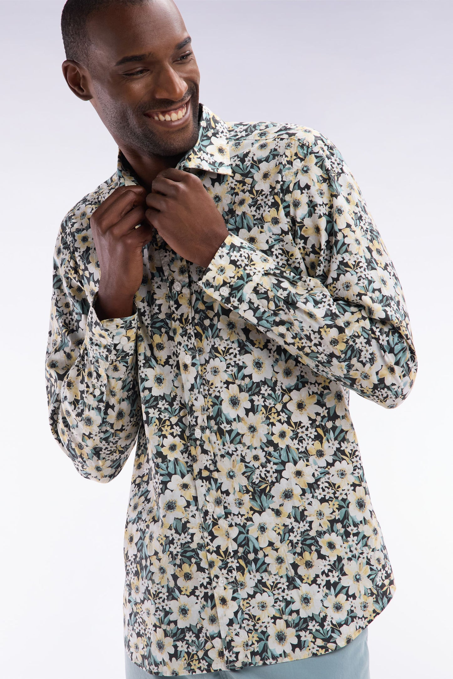 Straight-fit floral print cotton poplin shirt