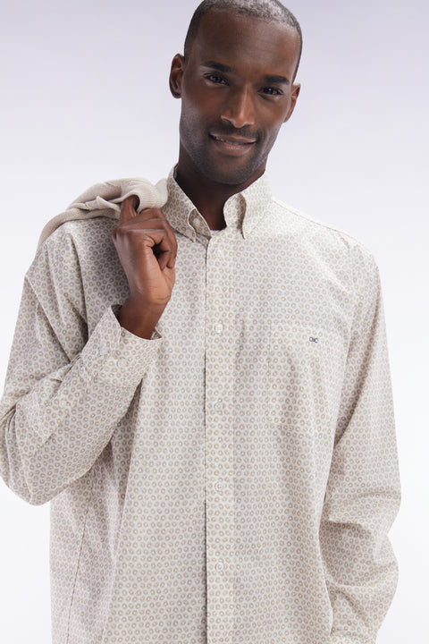 Straight-fit cotton poplin shirt with beige graphic microprint - Image 3