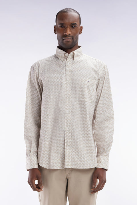 Straight-fit cotton poplin shirt with beige graphic microprint - Image 1