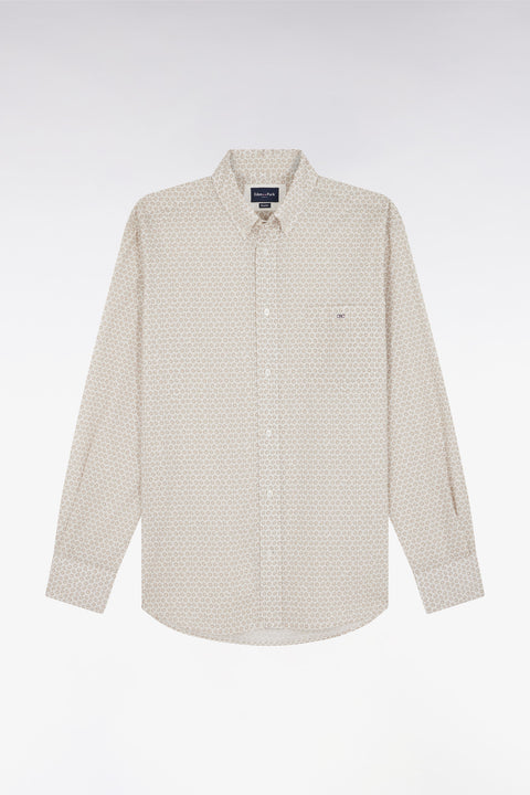 Straight-fit cotton poplin shirt with beige graphic microprint - Image 2