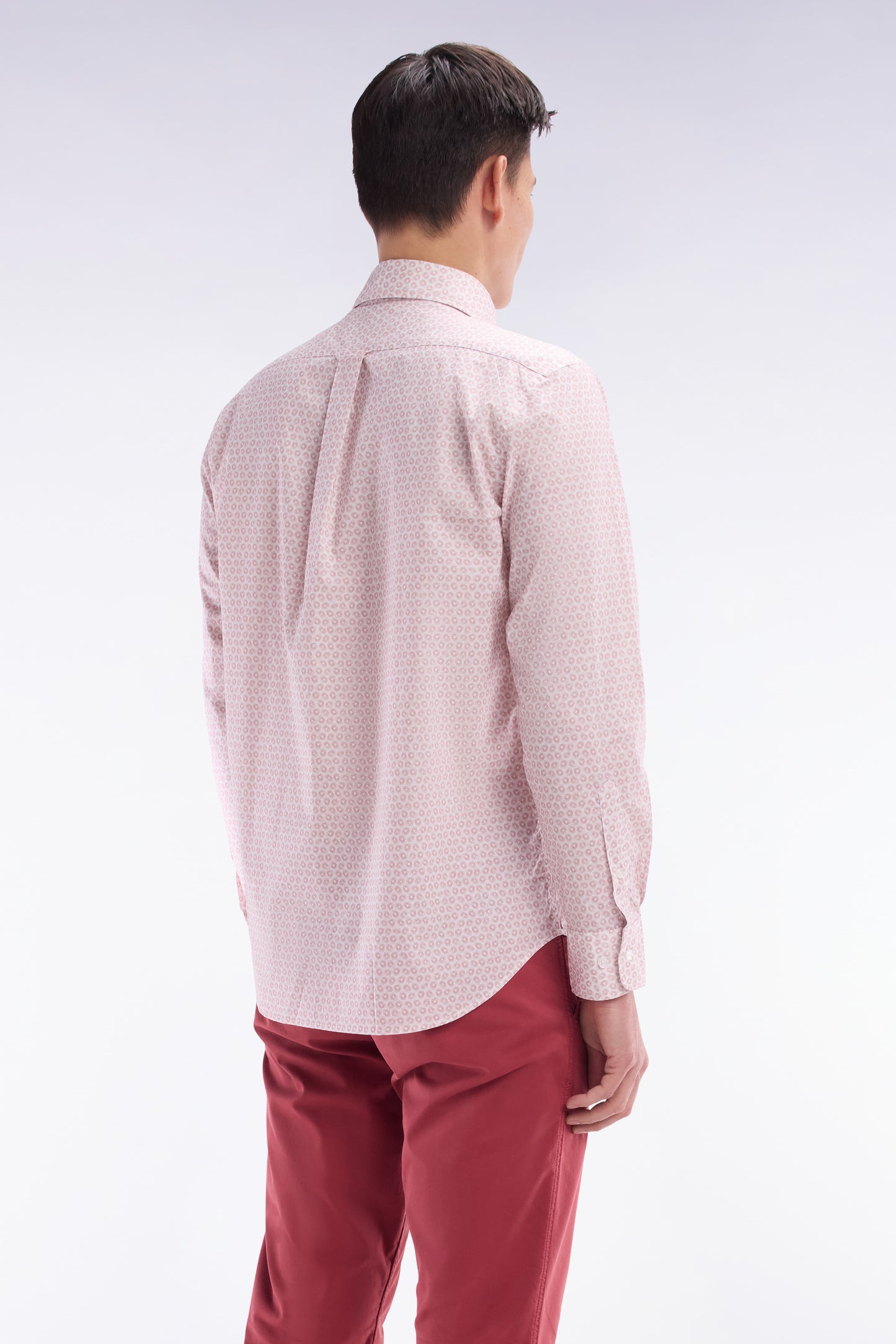 Straight-fit cotton poplin shirt with pink graphic microprint