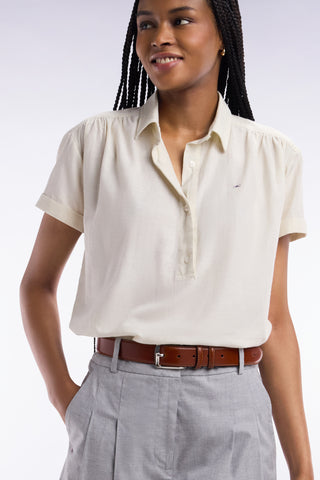 Relaxed-fit short-sleeved ecru cotton blouse
