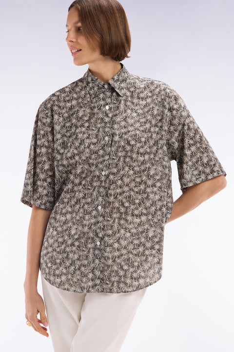 Oversized short-sleeved khaki cotton shirt with palm print - Image 1