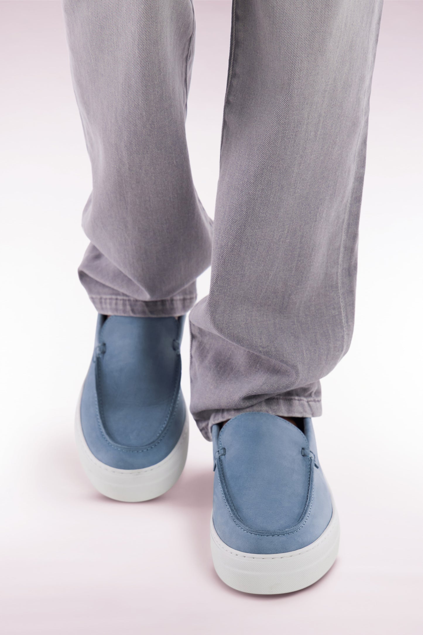 Blue-gray suede loafers with sneaker soles
