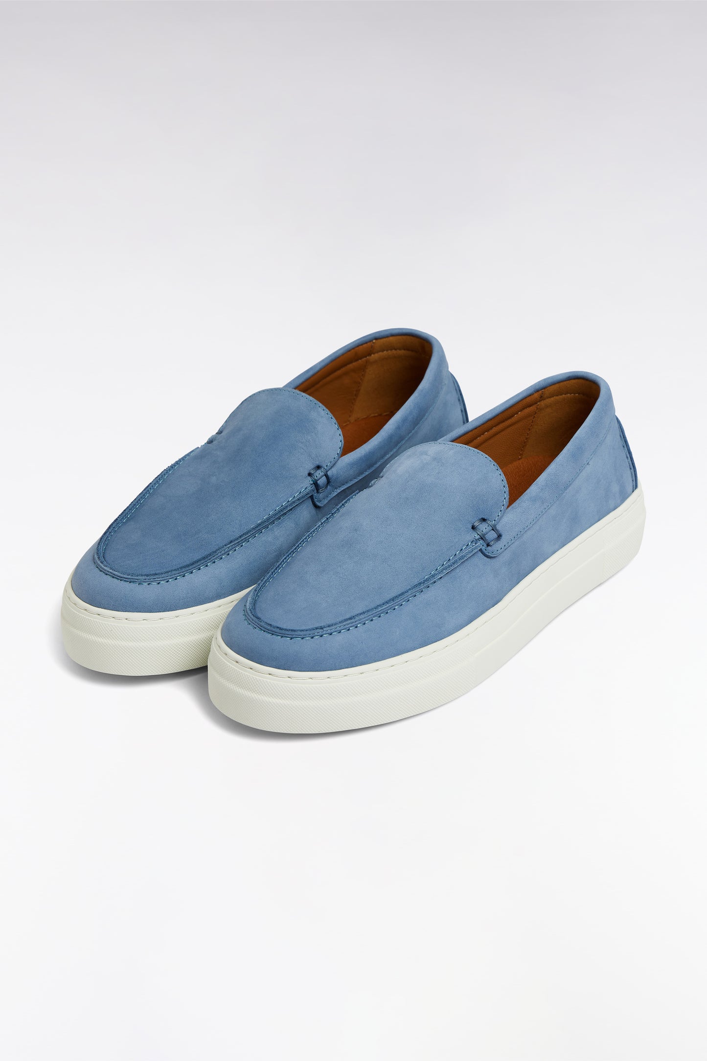 Blue-gray suede loafers with sneaker soles