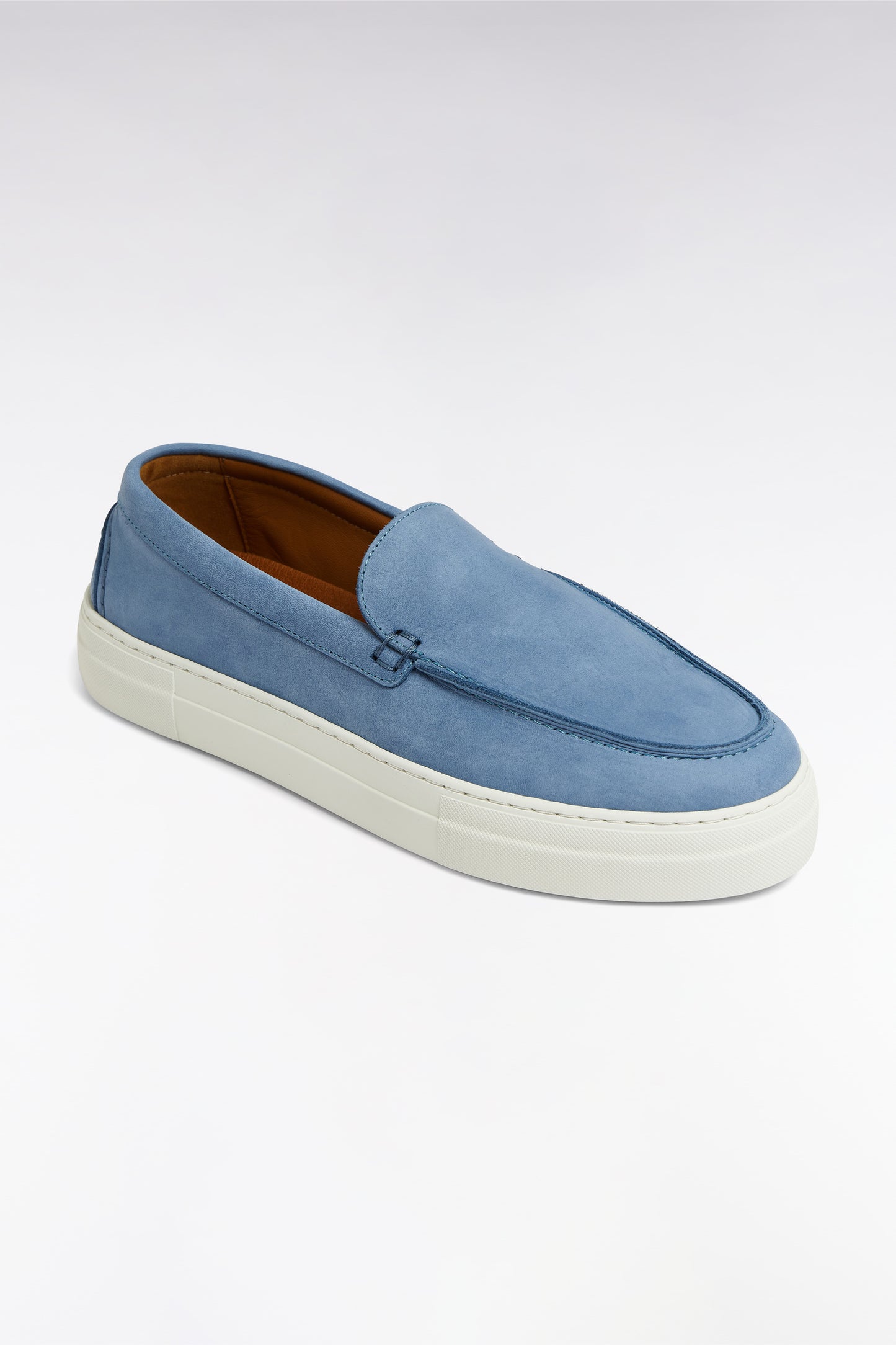 Blue-gray suede loafers with sneaker soles