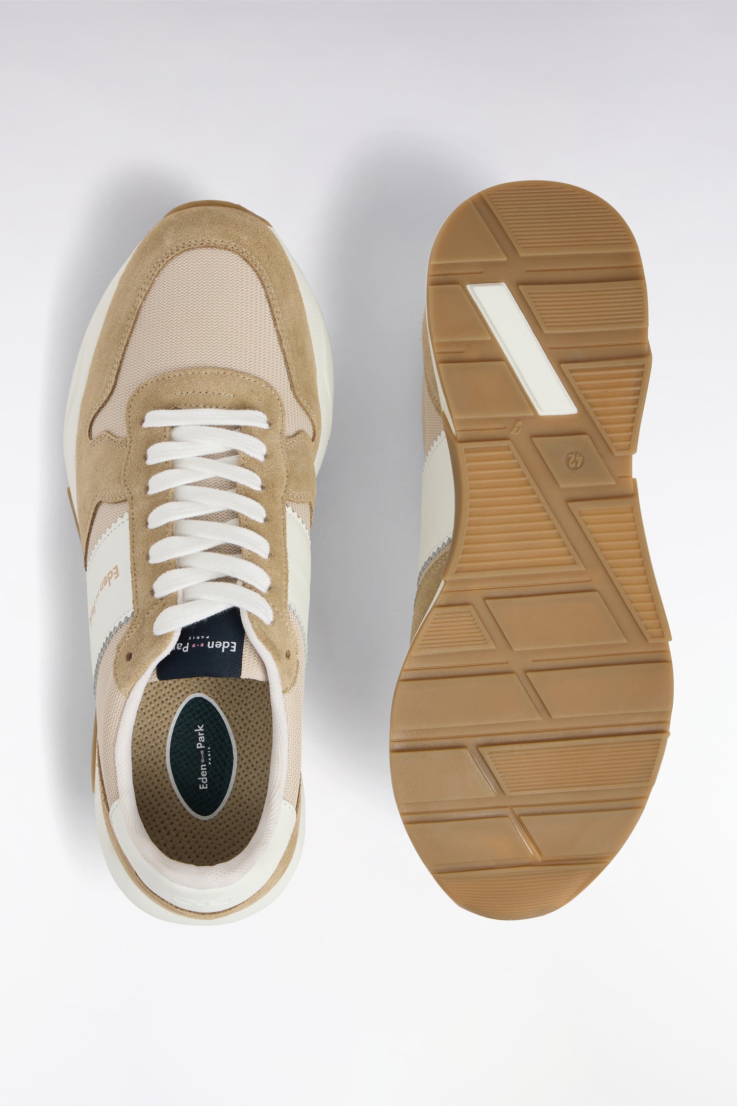Multi-material sneakers in beige leather