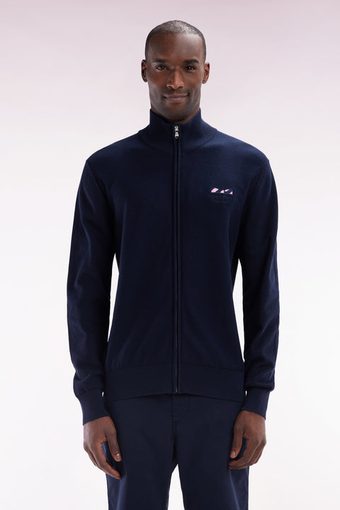 Straight zipped navy cotton cardigan with striped bow tie embroidery - Image 1