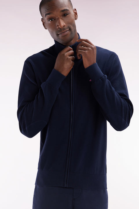 Straight zipped navy cotton cardigan with striped bow tie embroidery - Image 2