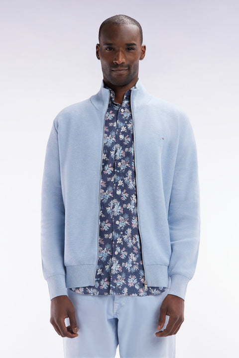 Straight-fit zipped sky blue honeycomb cotton cardigan - Image 1