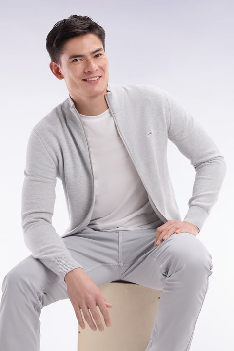 Straight-fit zipped grey honeycomb cotton cardigan - Image 3