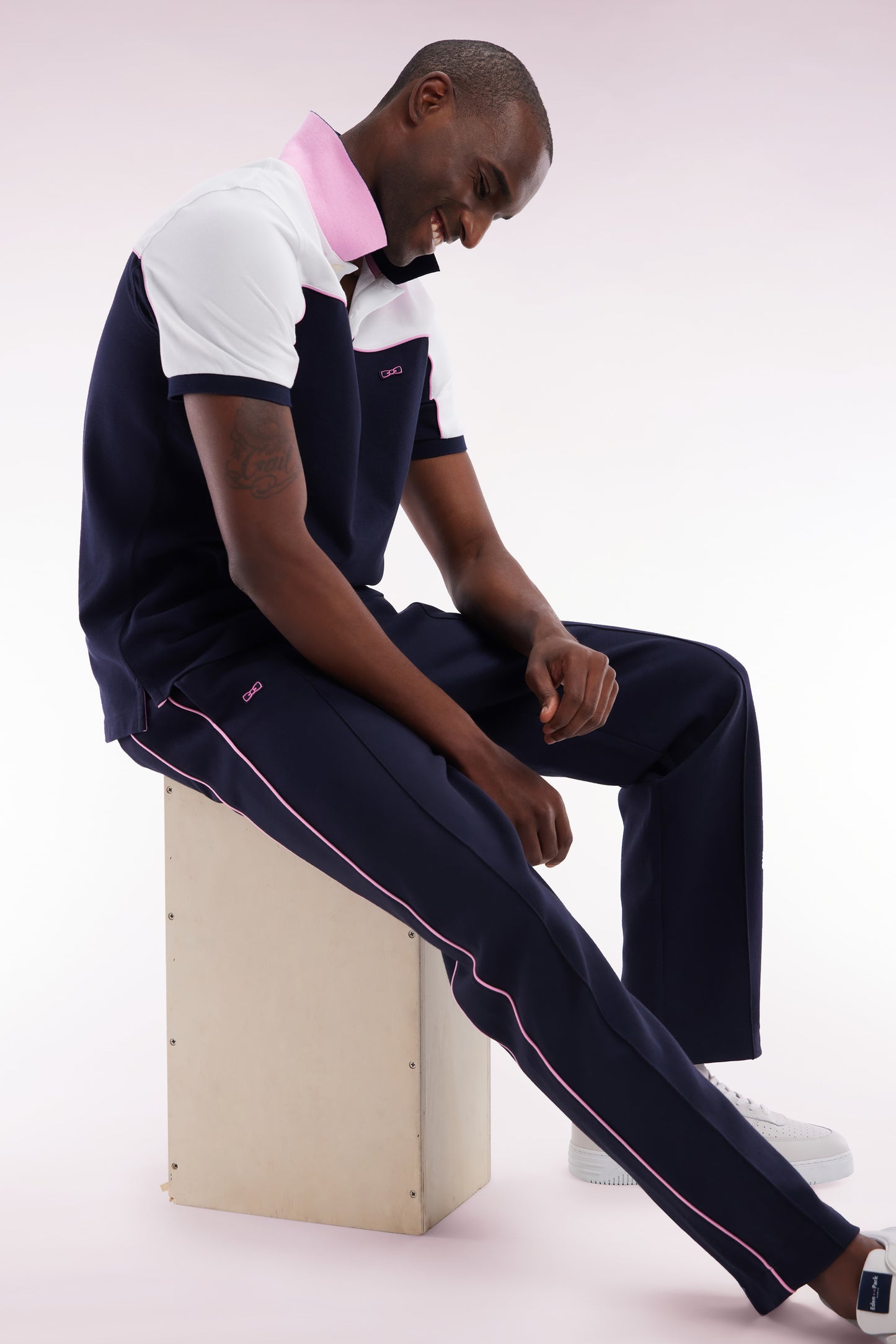 Straight-cut navy cotton interlock jogging pants