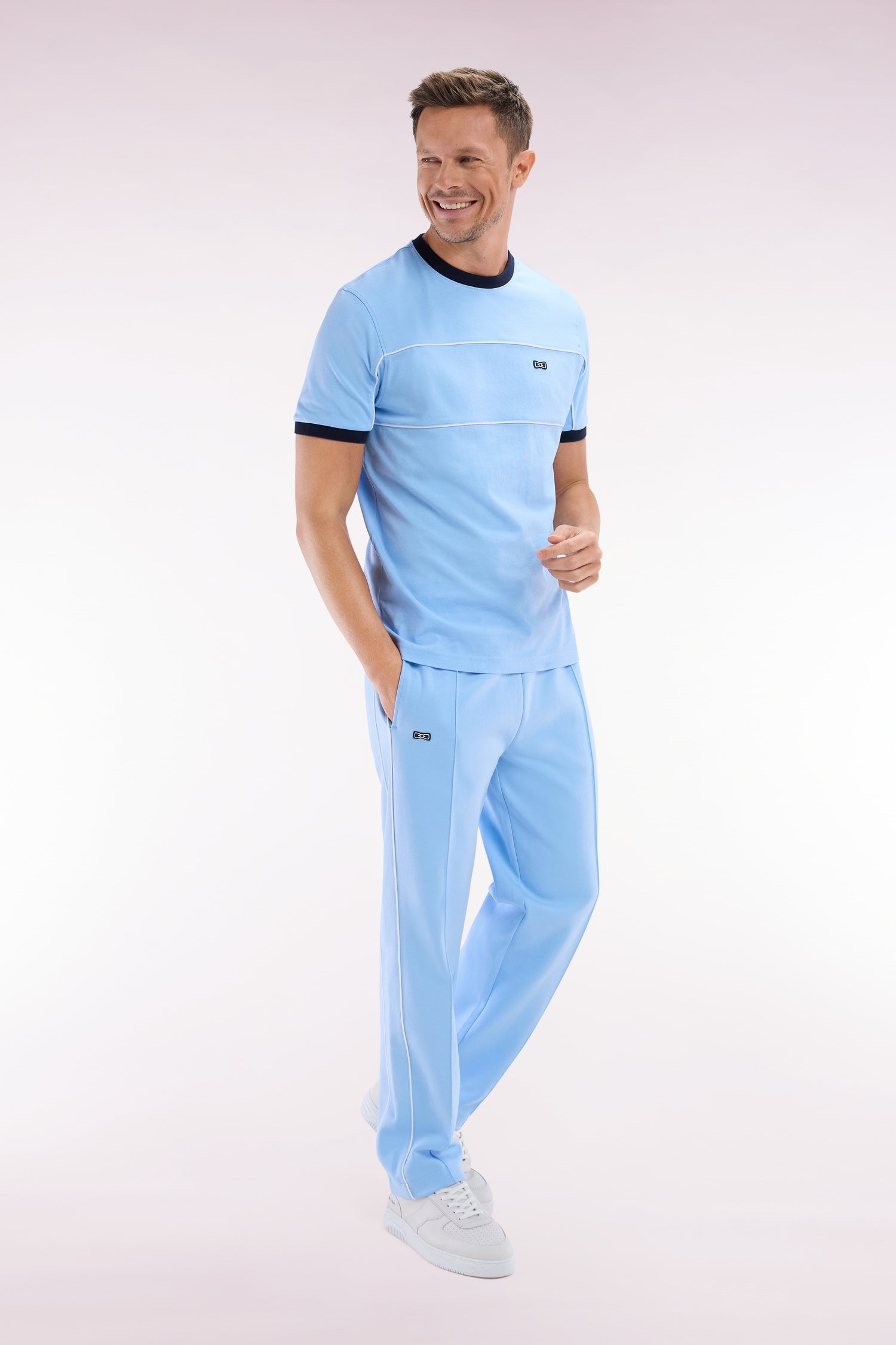 Pantalon jogging en coton interlock ciel coupe droite