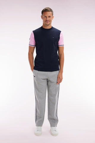 Straight-cut grey stretch cotton fleece jogging pants with navy blue piping
