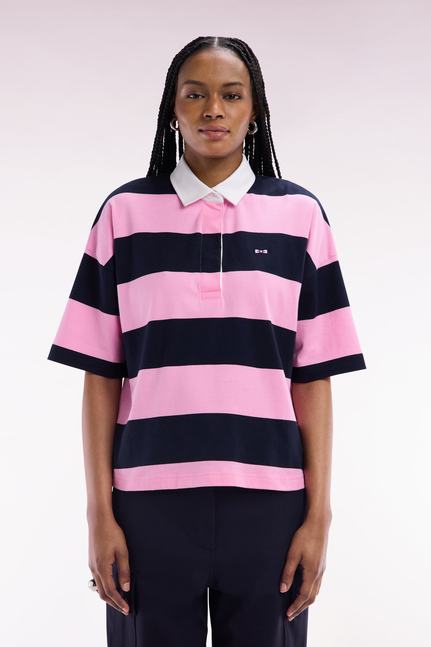 Navy blue and pink striped short-sleeved casual jersey
