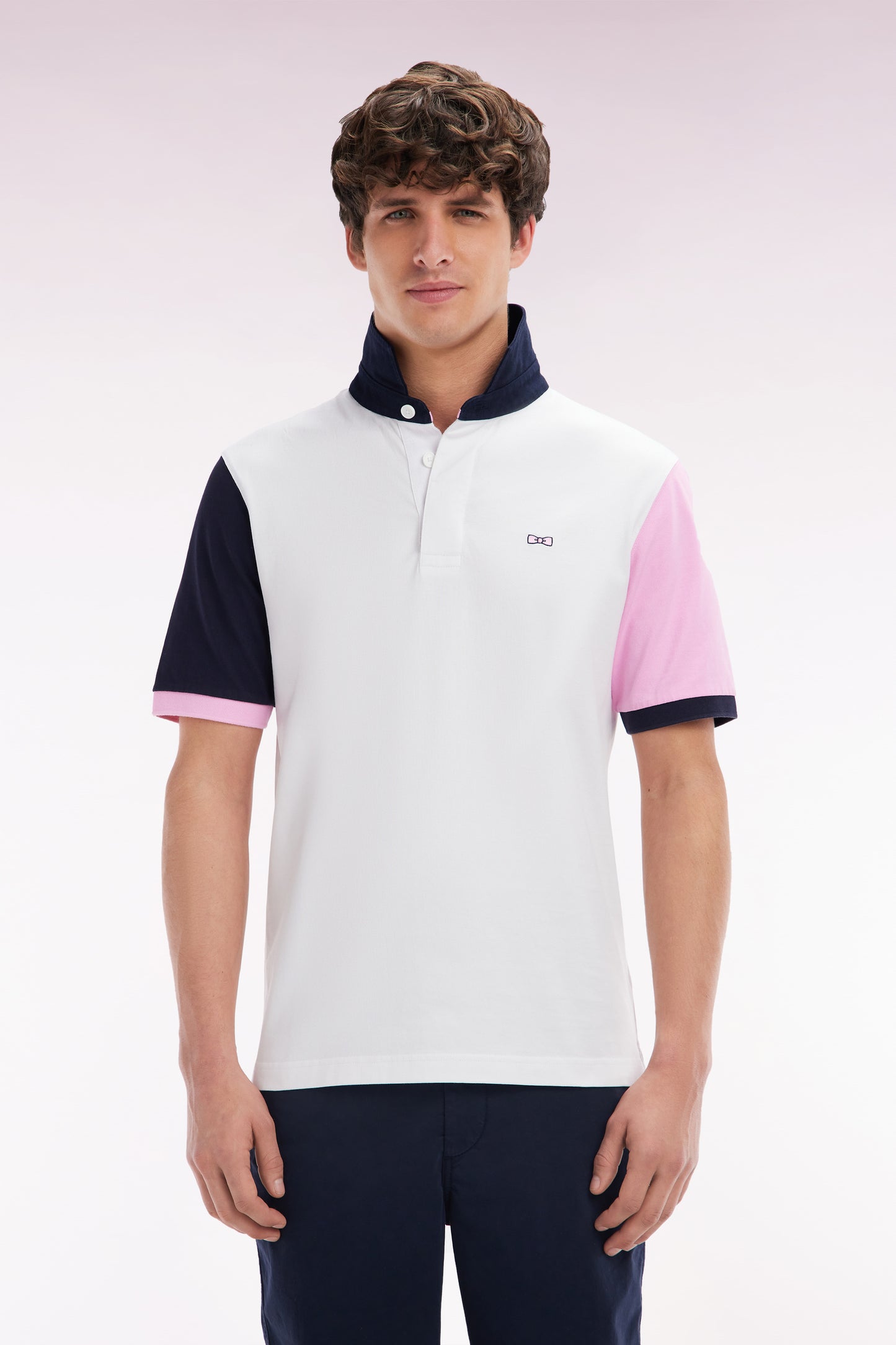 Short-sleeved rugby shirt in white cotton jersey with two-tone sleeves