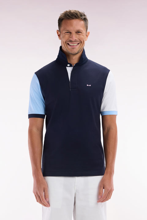 Short-sleeved rugby shirt in navy cotton jersey with two-tone sleeves - Image 1