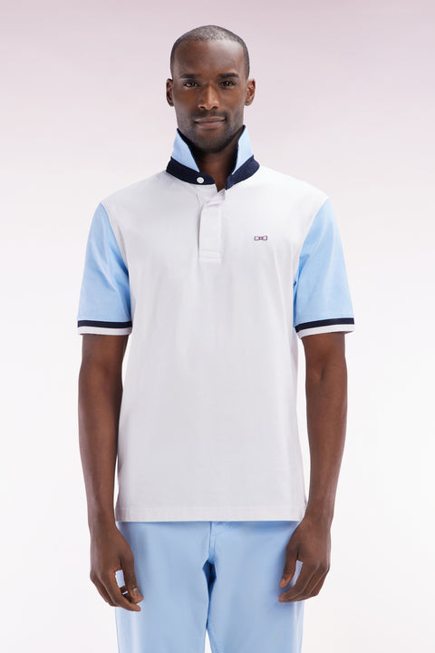 Straight-cut short-sleeved rugby shirt in sky blue cotton jersey with bow tie embroidery - Image 1