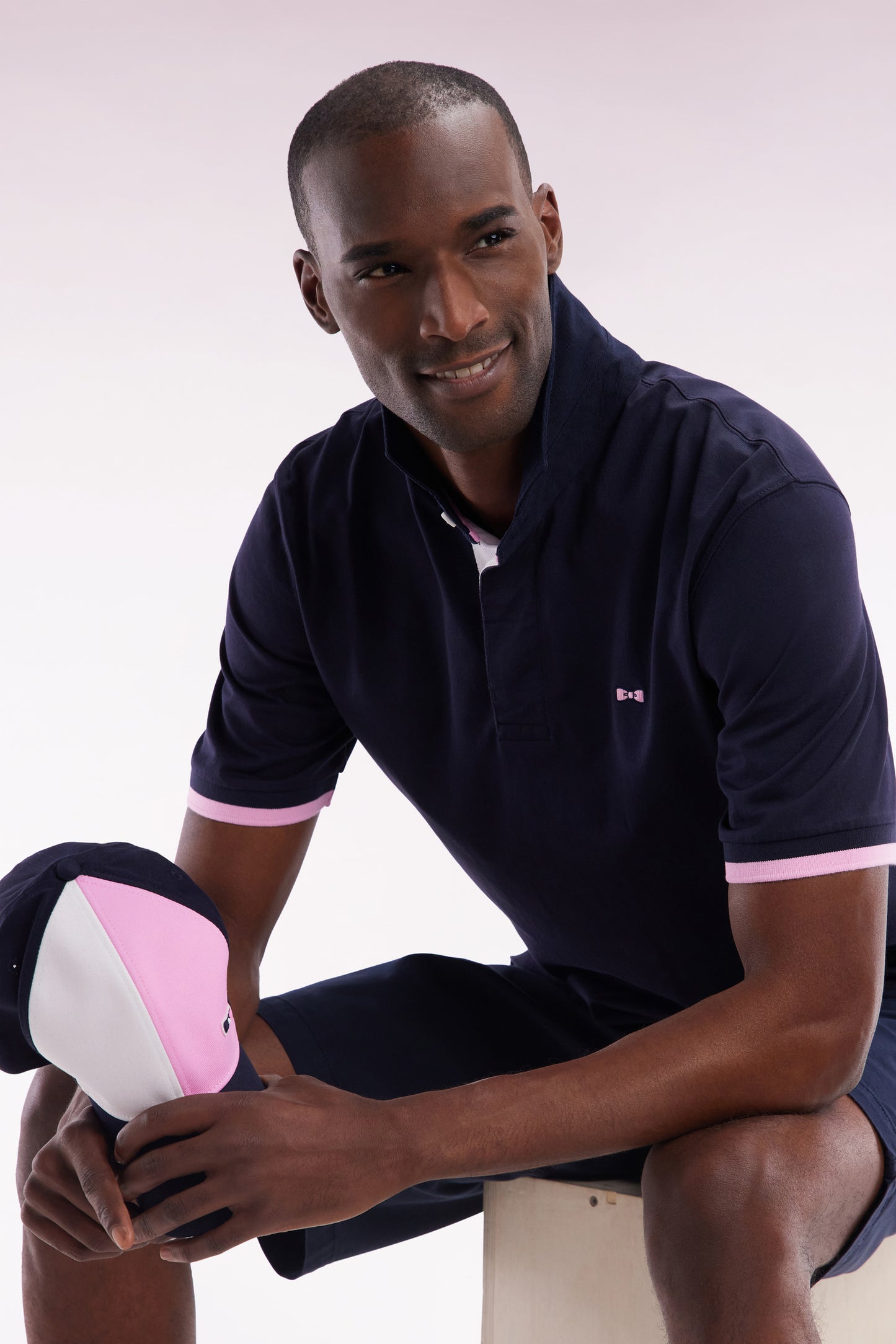 Straight-cut navy cotton short-sleeved rugby shirt with Eden Park back embroidery