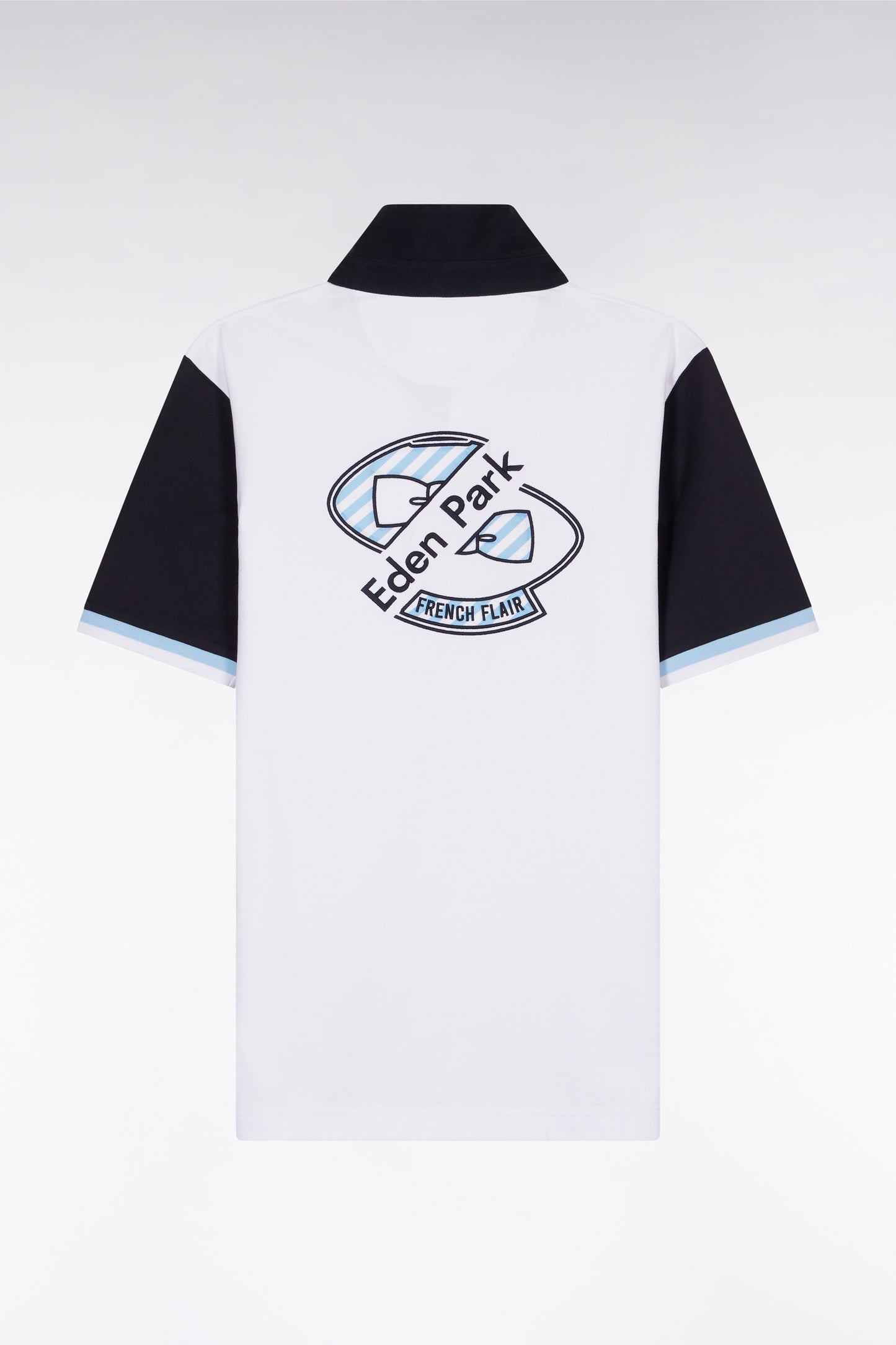 Straight-cut short-sleeved rugby shirt in navy and white cotton with back embroidery