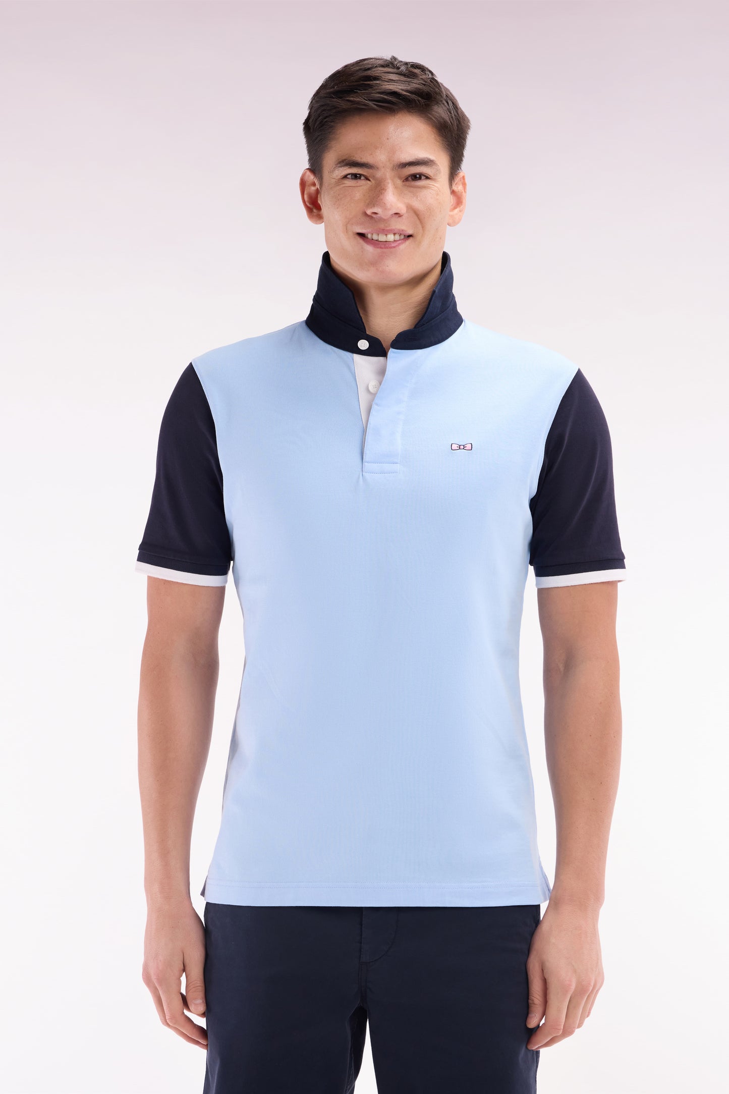 Straight-cut short-sleeved rugby shirt in navy and sky bleu cotton with back embroidery