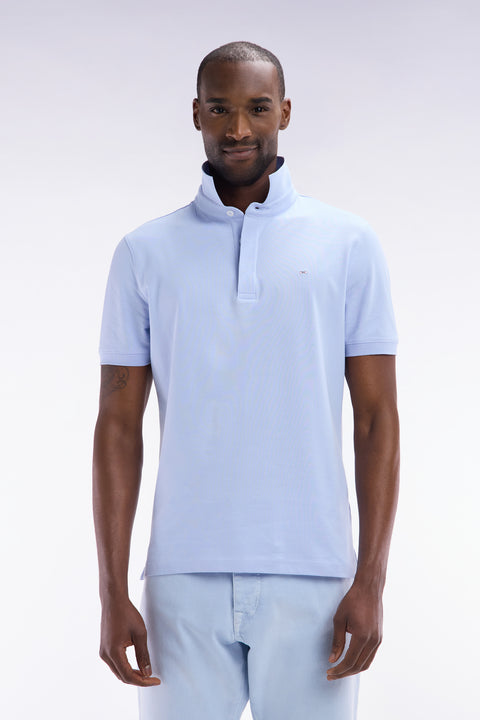 Slim-fit short-sleeved polo shirt in light blue stretch cotton piqué - Image 1