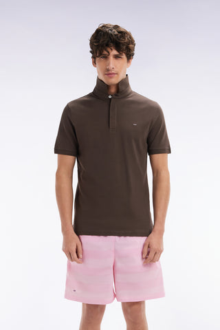 Slim-fit short-sleeved polo shirt in brown stretch cotton piqué