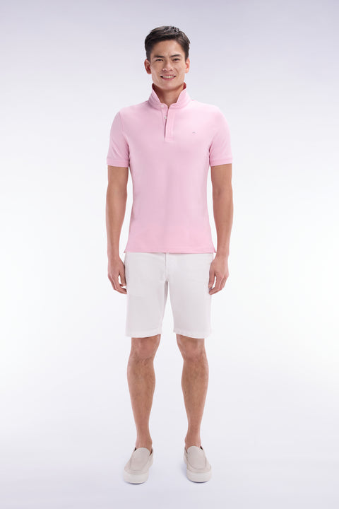 Slim-fit short-sleeved polo shirt in pink stretch cotton piqué - Image 1