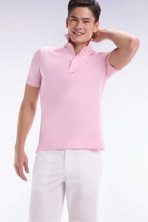 Slim-fit short-sleeved polo shirt in pink stretch cotton piqué - Image 3