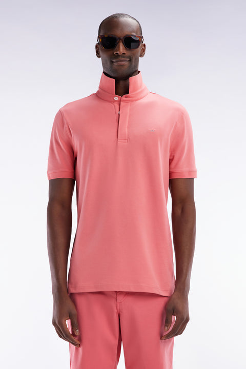 Slim-fit short-sleeved polo shirt in salmon pink stretch cotton piqué - Image 1