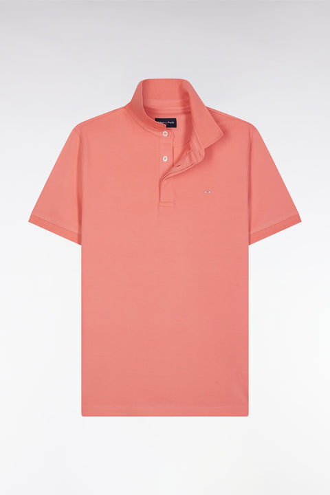 Slim-fit short-sleeved polo shirt in salmon pink stretch cotton piqué - Image 2