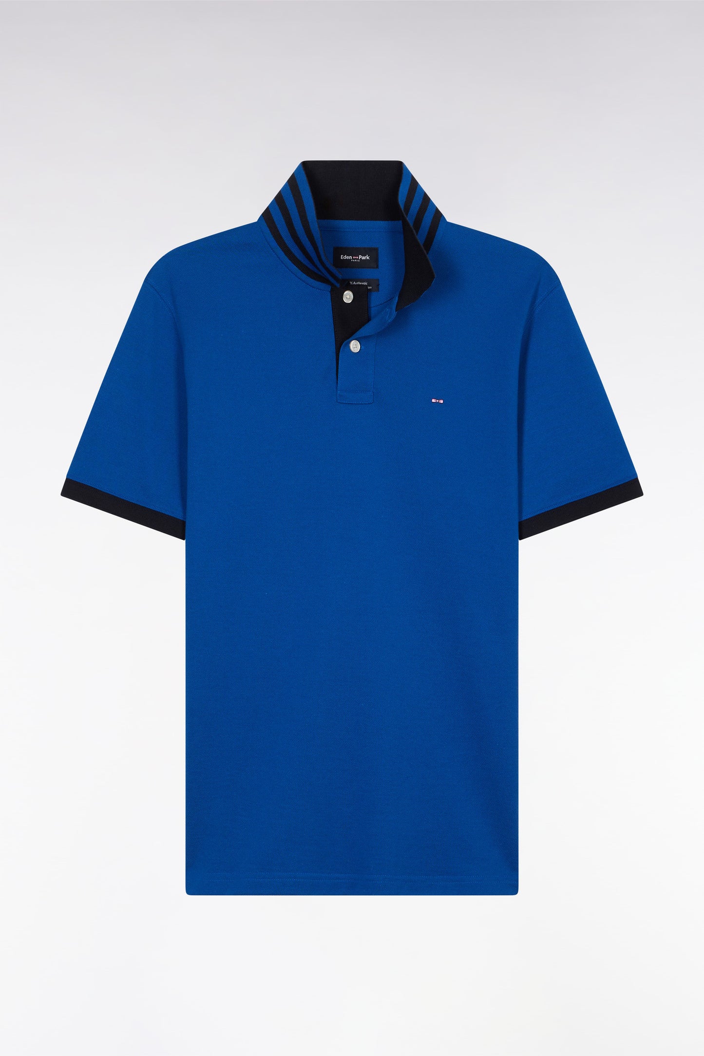 Straight-cut short-sleeved polo shirt in dark blue Pima cotton piqué with striped under collar