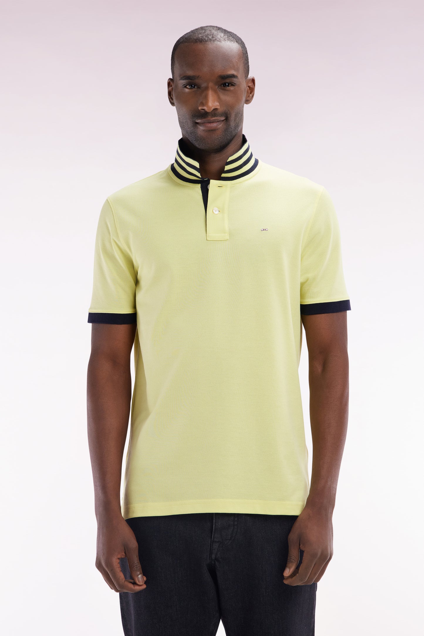 Straight-cut short-sleeved polo shirt in yellow Pima cotton piqué with striped under collar
