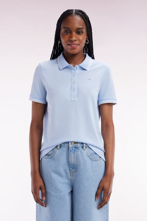 Short-sleeved polo shirt in sky blue Pima cotton piqué with striped accents - Image 3