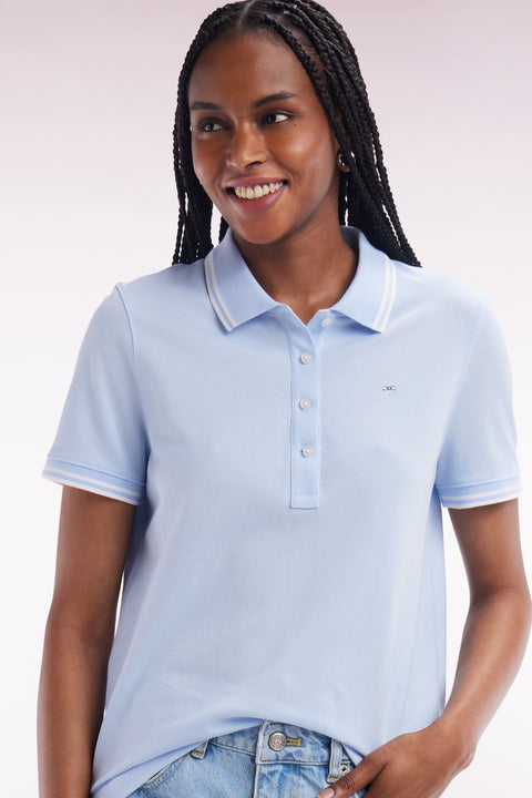 Short-sleeved polo shirt in sky blue Pima cotton piqué with striped accents - Image 1