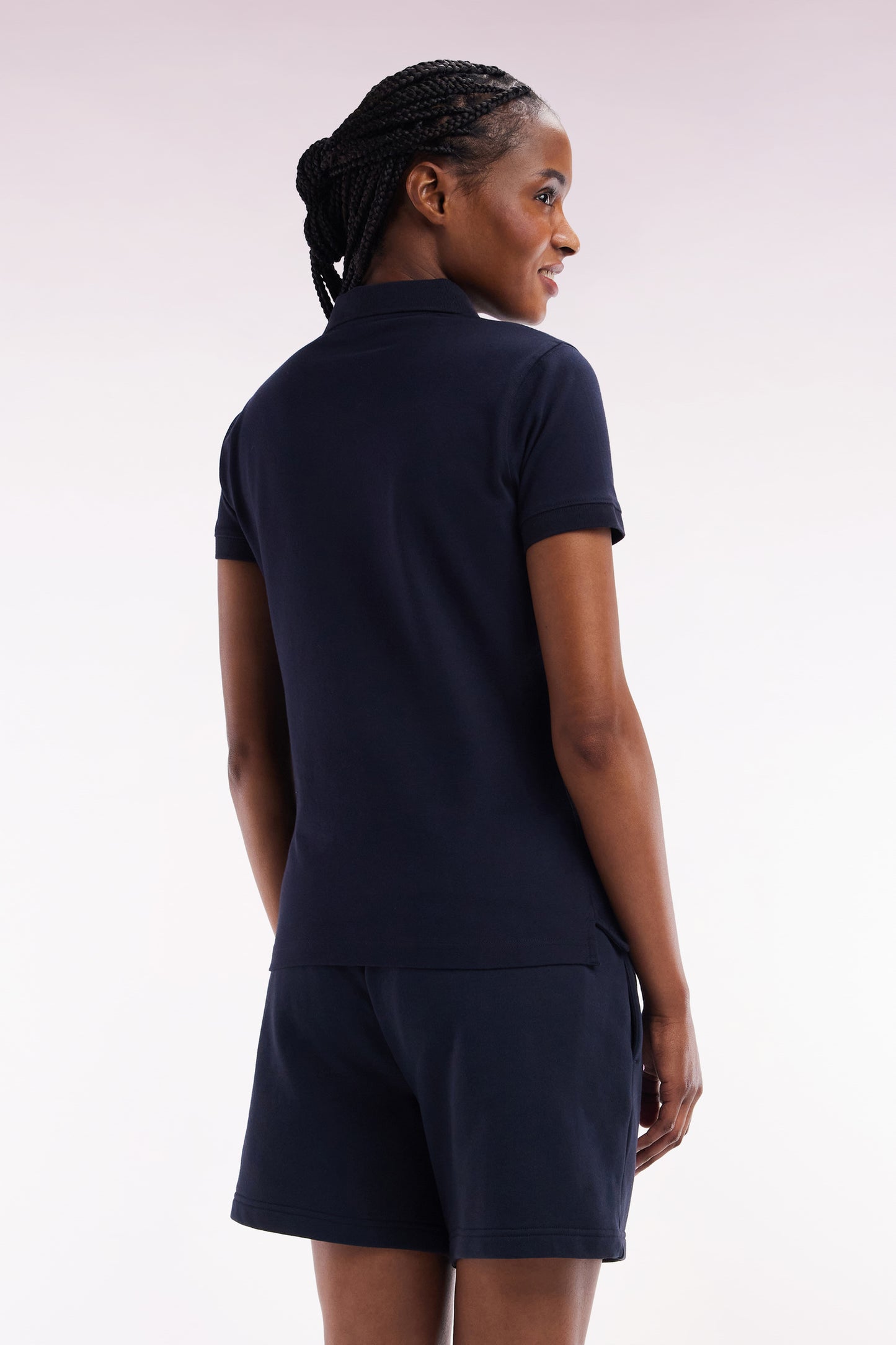 Slim-fit short-sleeved polo shirt in navy stretch cotton piqué