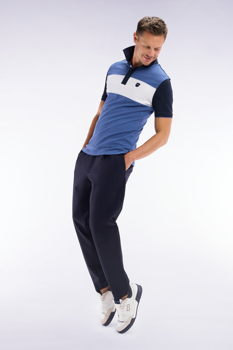 Slim-fit short-sleeved polo shirt in blue stretch cotton with contrasted stripe - Image 3