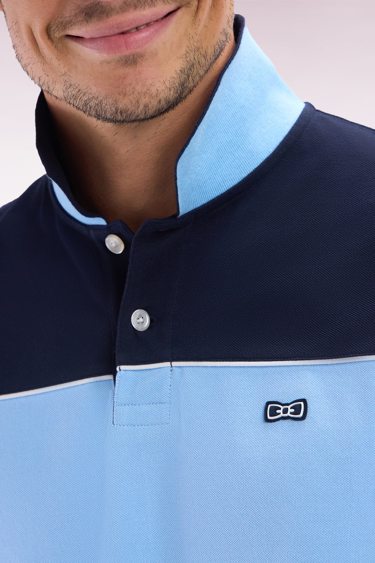 Straight-cut sky blue colorblock short-sleeved cotton piqué polo shirt