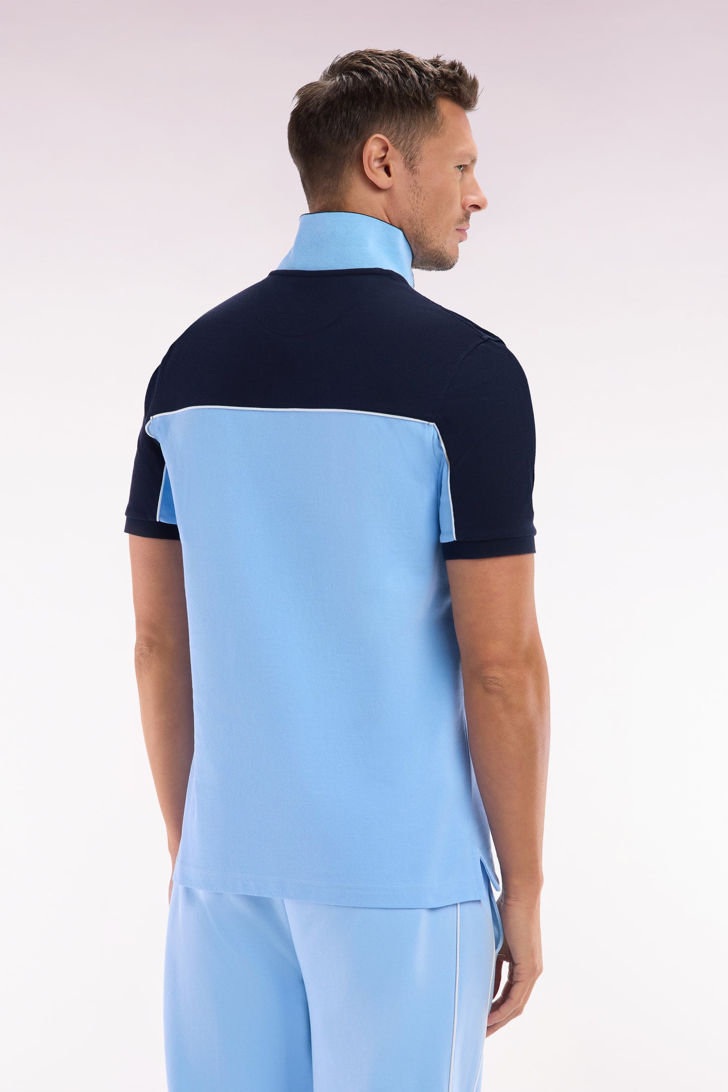 Straight-cut sky blue colorblock short-sleeved cotton piqué polo shirt