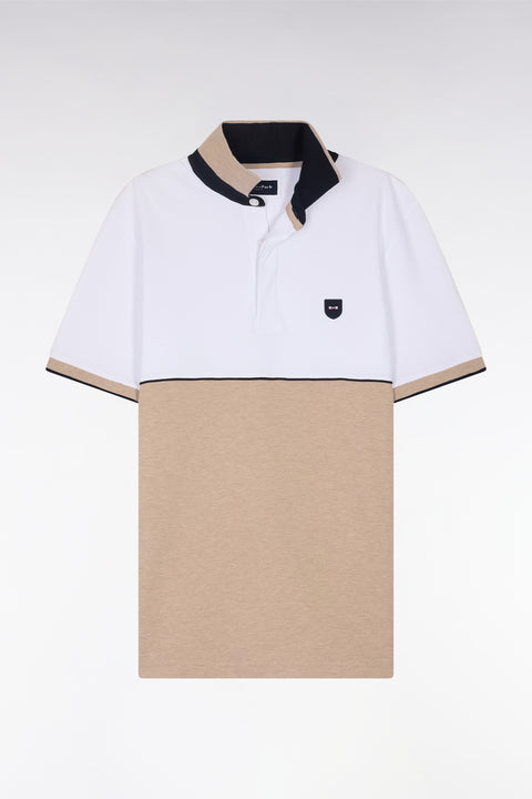 Slim-fit two-tone beige stretch cotton short-sleeved polo shirt - Image 2