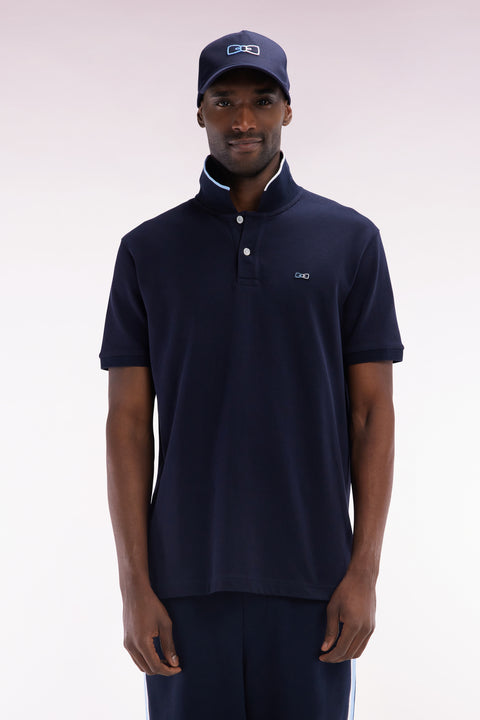 Relaxed-fit short-sleeved polo shirt in navy cotton with piped collar - Image 1
