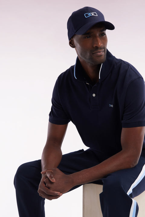 Relaxed-fit short-sleeved polo shirt in navy cotton with piped collar - Image 3