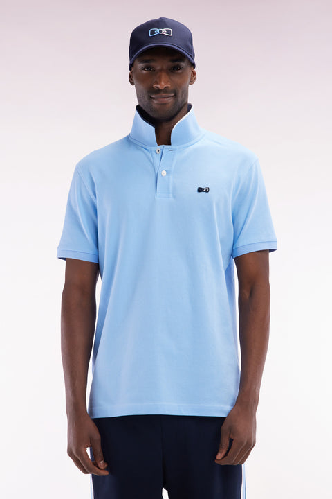 Relaxed-fit short-sleeved polo shirt in sky blue cotton with piped collar - Image 1