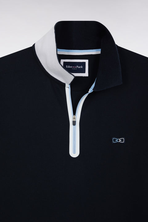 Slim-fit short-sleeved zip-up polo shirt in navy stretch cotton - Image 2