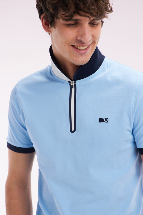Slim-fit short-sleeved zip-up polo shirt in sky blue stretch cotton - Image 3